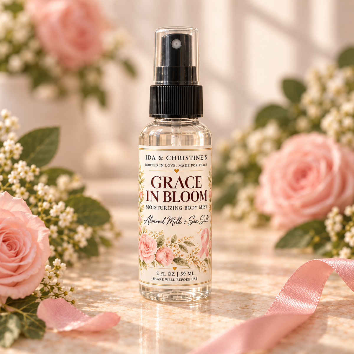 Grace in Bloom Almond Milk & Sea Salt Moisturizing Body Mist in a 2 oz clear bottle with a black sprayer, blush roses, and a pink ribbon.