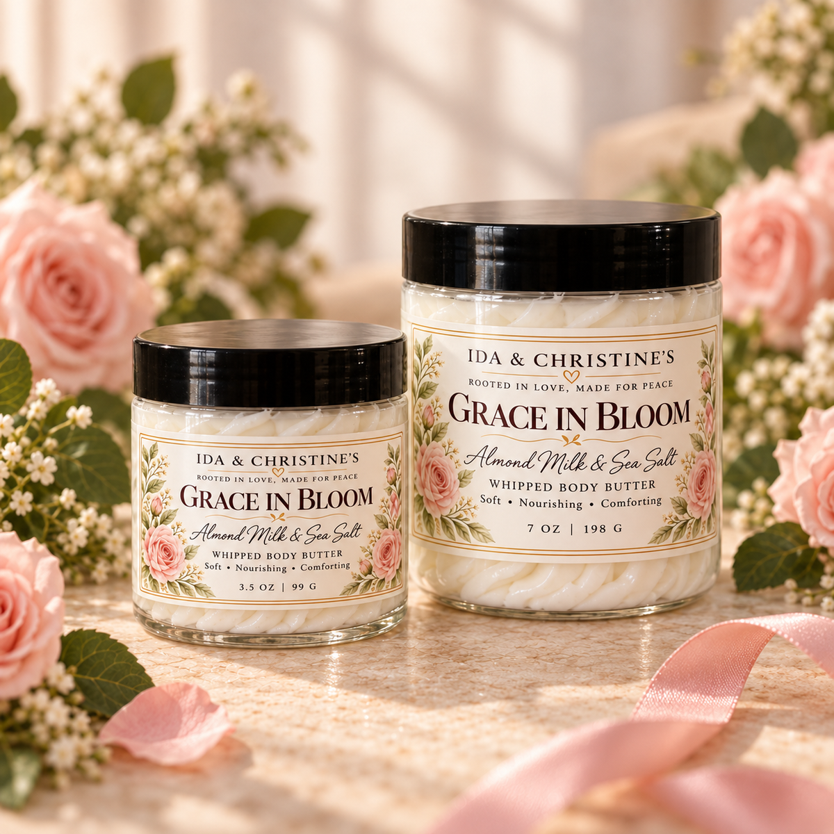 Grace in Bloom Almond Milk & Sea Salt Whipped Body Butter in 3.5 oz and 7 oz clear jars with black lids, surrounded by blush roses and a pink ribbon.