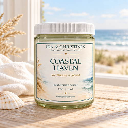 Coastal Haven 7 oz candle by a breezy shoreline window