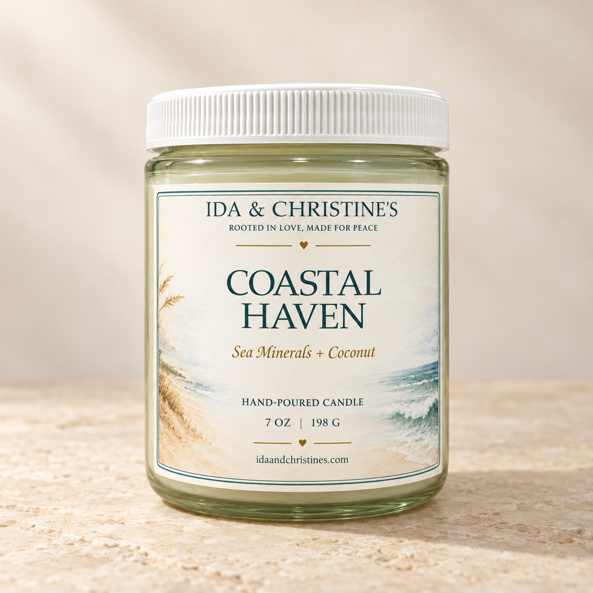 Coastal Haven 7 oz candle with updated Sea Minerals and Coconut label