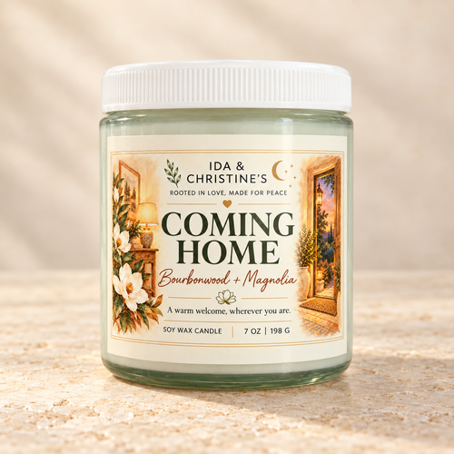 Coming Home 7 oz soy candle with Bourbonwood and Magnolia label