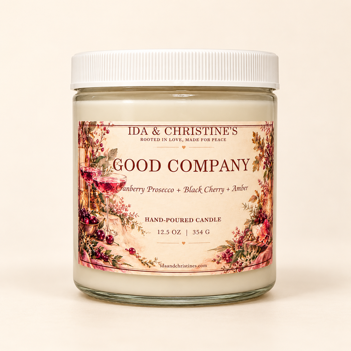 Good Company 12.5 oz candle with new cranberry prosecco, black cherry and amber label