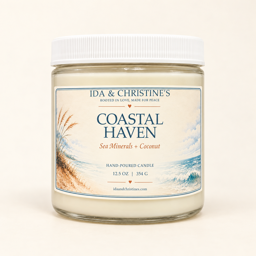 Coastal Haven 12.5 oz hand-poured candle with Sea Minerals + Coconut label