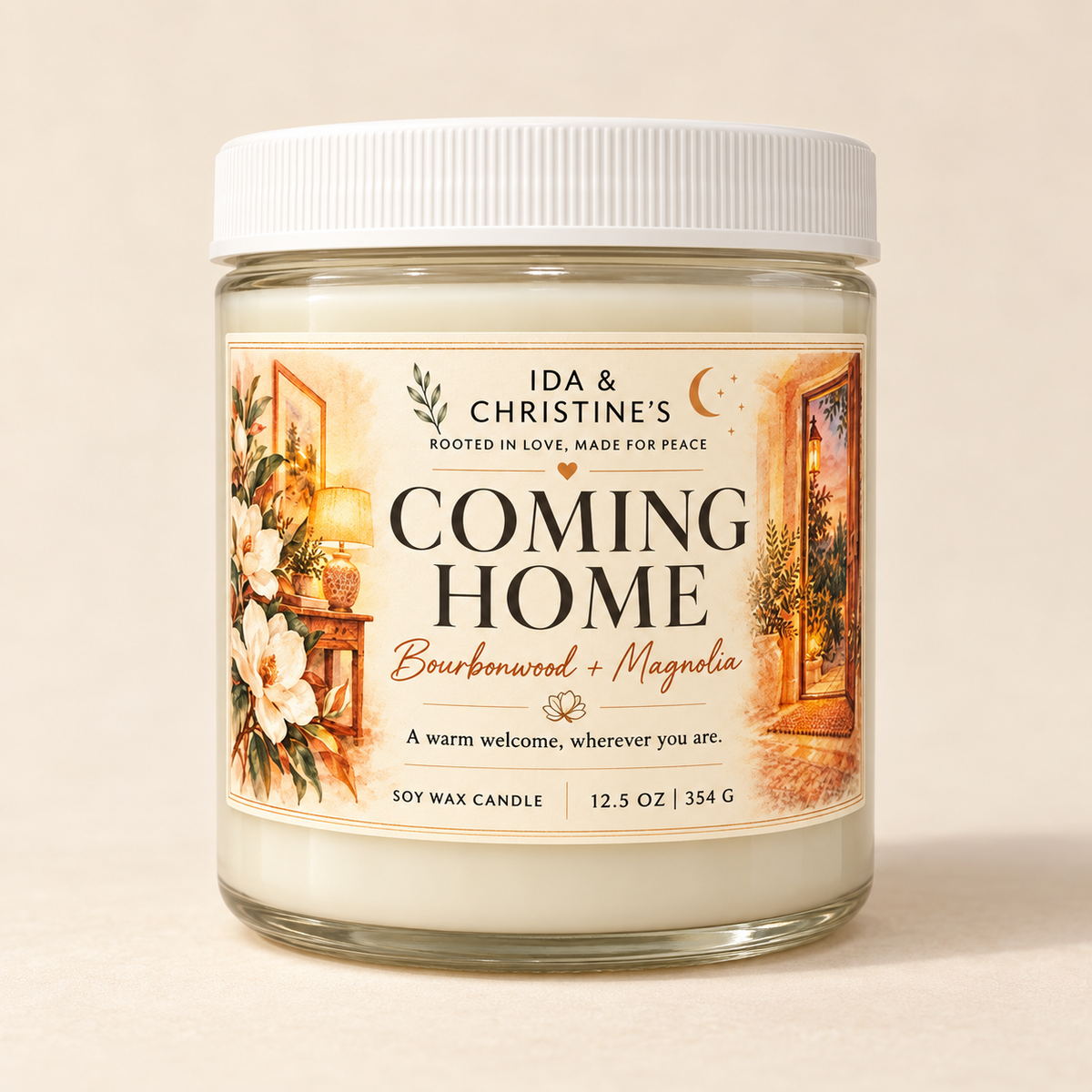 Coming Home 12.5 oz soy wax candle with Bourbonwood + Magnolia label