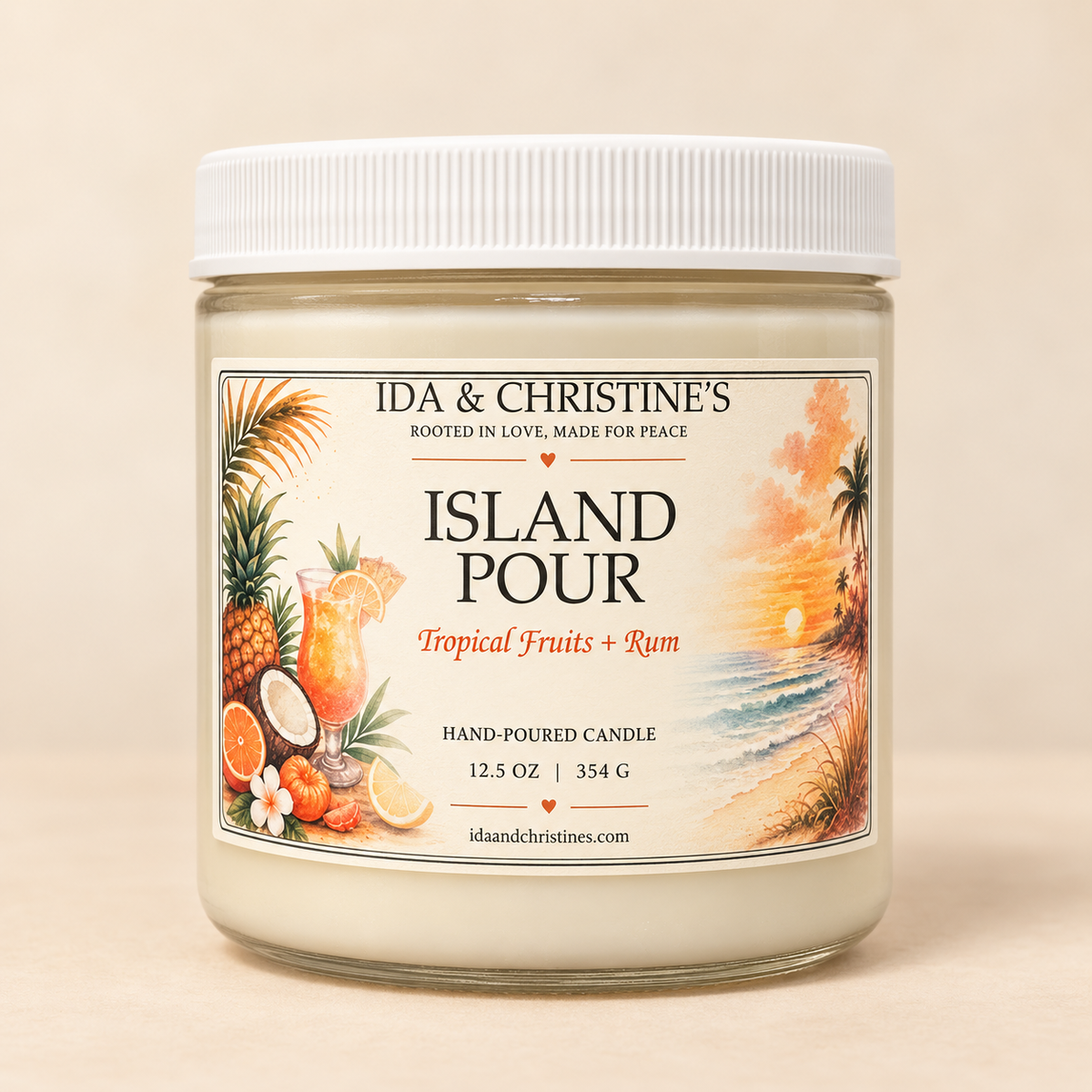Island Pour 12.5 oz hand-poured candle with Tropical Fruits + Rum label