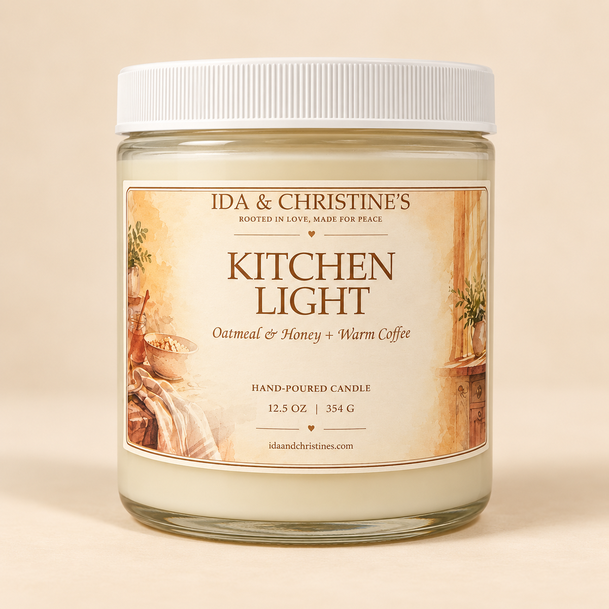 Kitchen Light 12.5 oz hand-poured candle with Oatmeal & Honey + Warm Coffee label