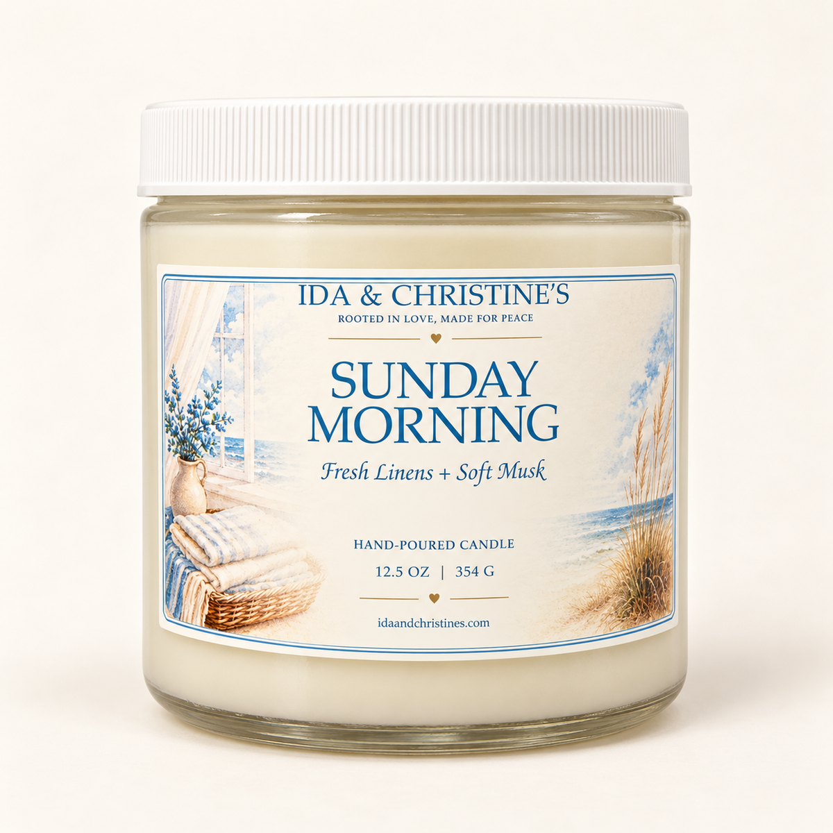 Sunday Morning 12.5 oz hand-poured candle with new Fresh Linens + Soft Musk label