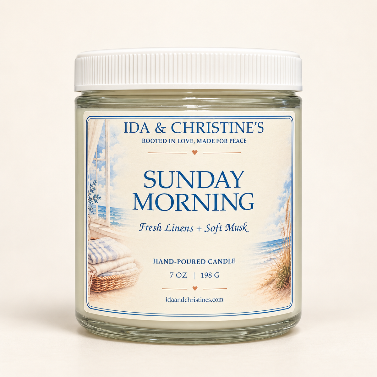 Sunday Morning 7 oz hand-poured candle with new Fresh Linens + Soft Musk label