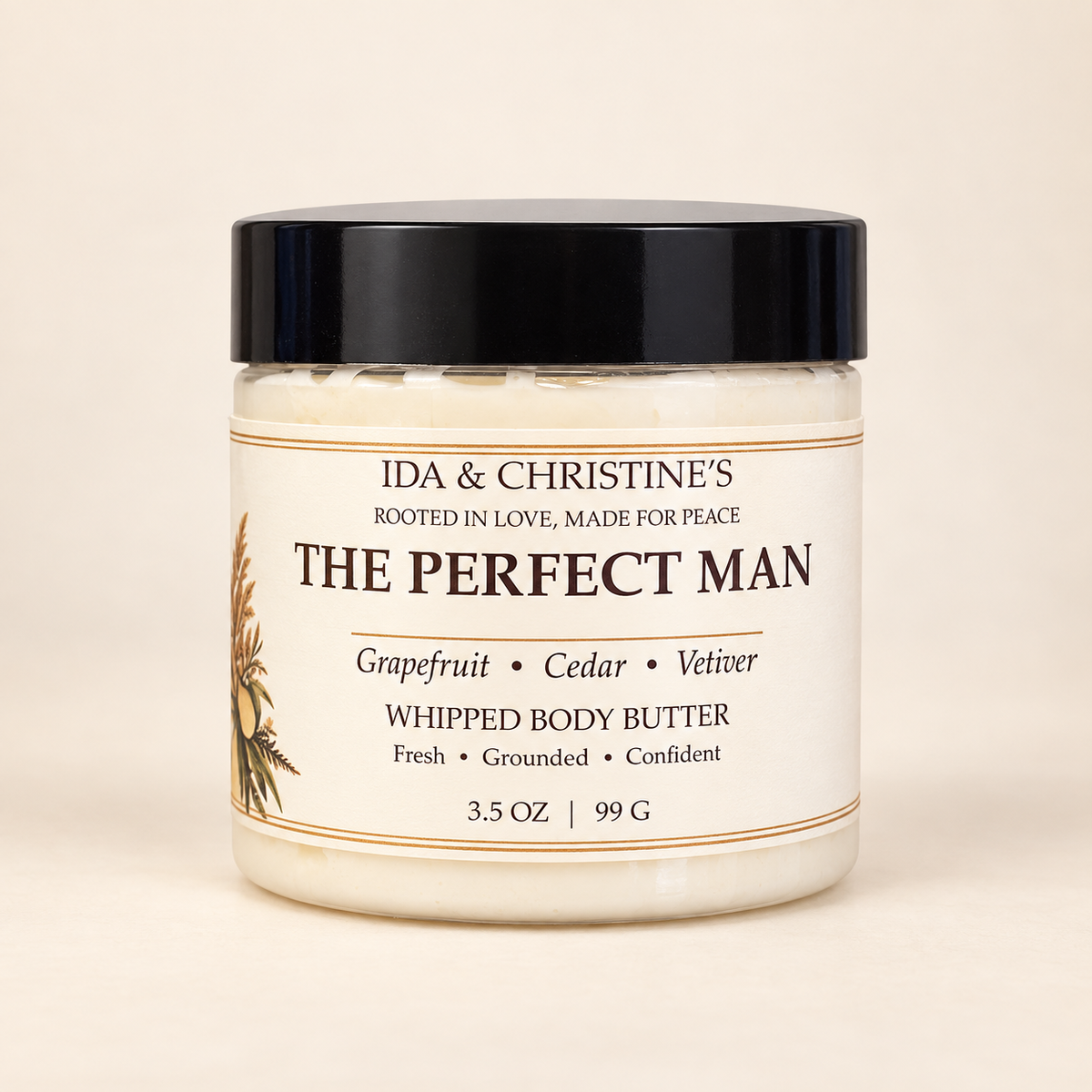 The Perfect Man 3.5 oz whipped body butter by Ida & Christine’s in a black lid jar, grapefruit cedar vetiver scent