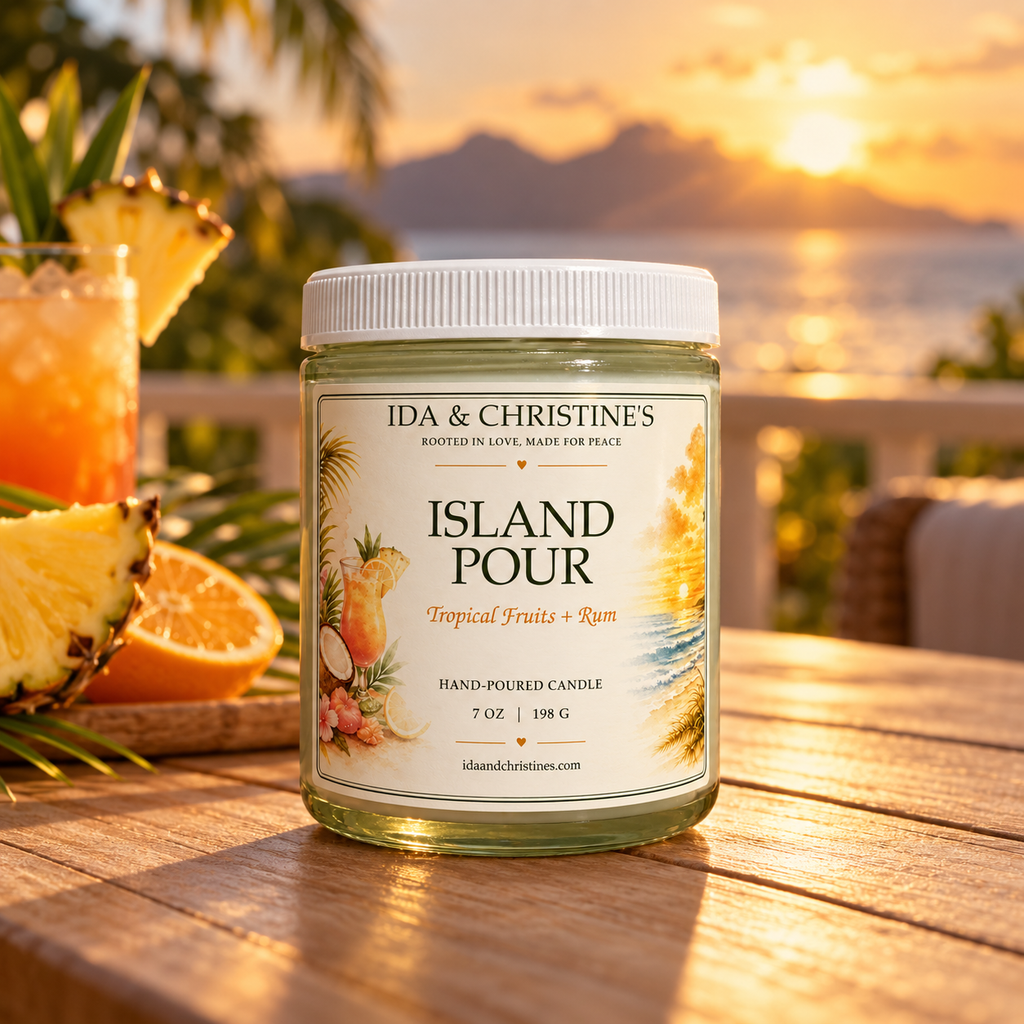Island Pour 7 oz candle on a tropical veranda at sunset