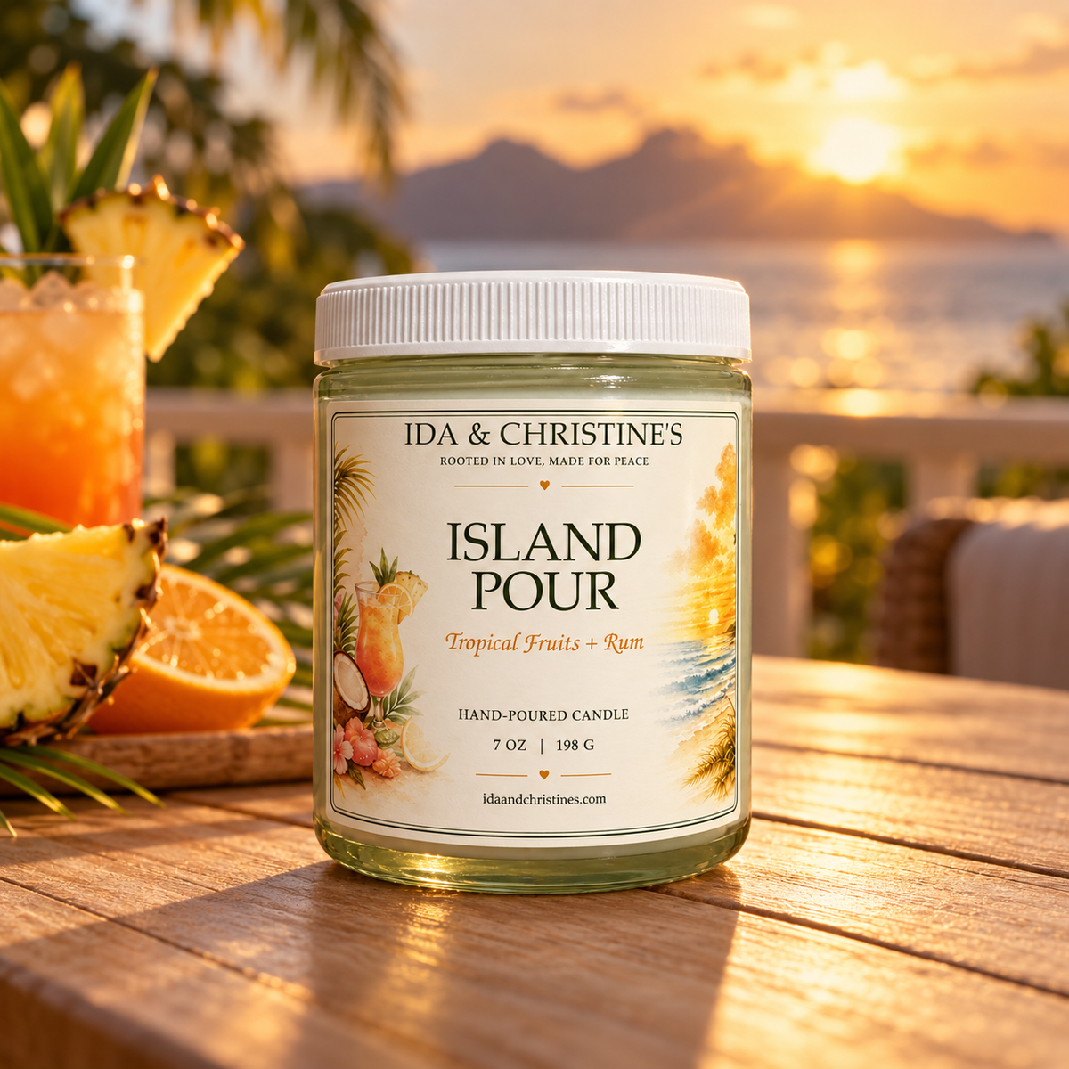Island Pour 7 oz candle on a tropical veranda at sunset