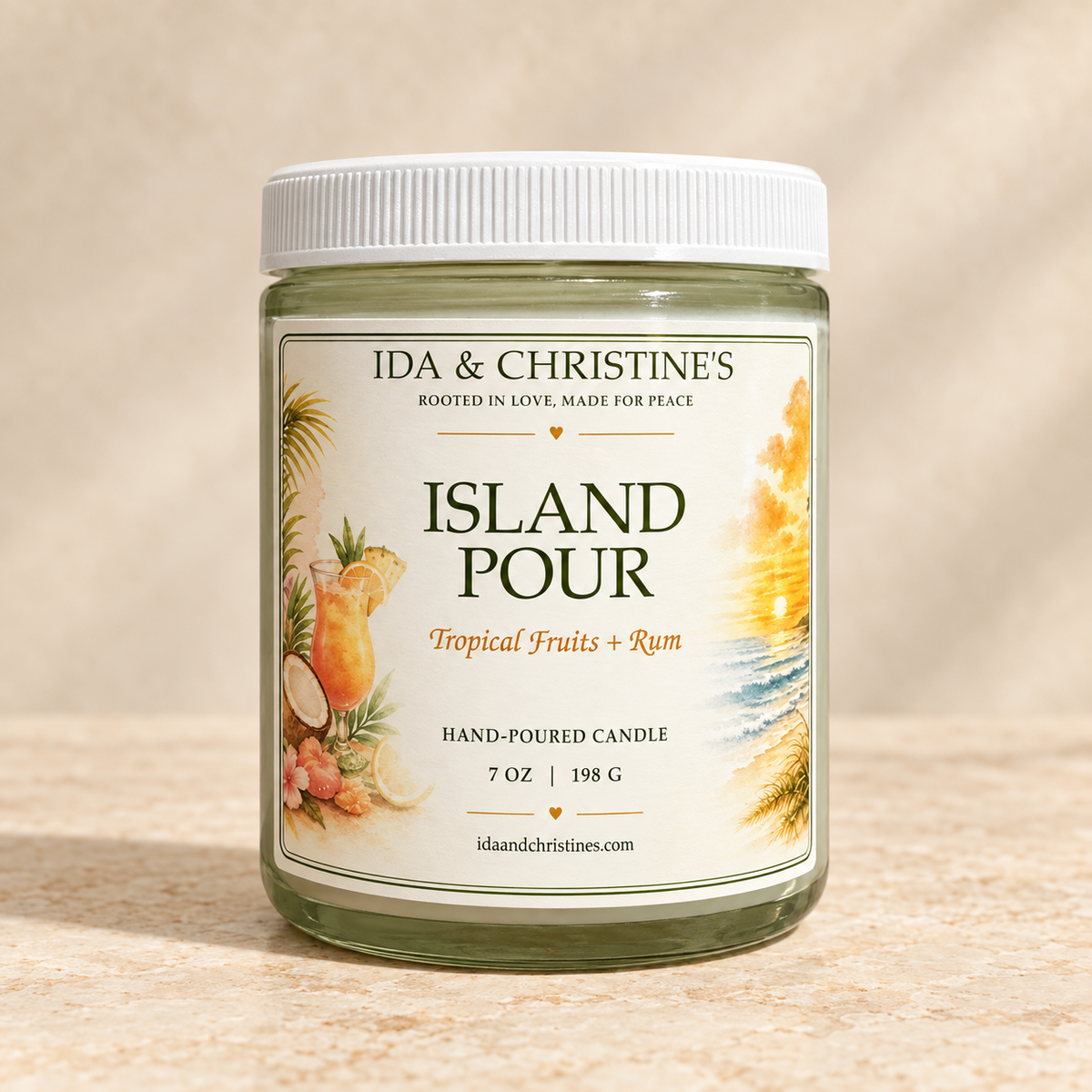 Island Pour 7 oz candle with updated Tropical Fruits and Rum label