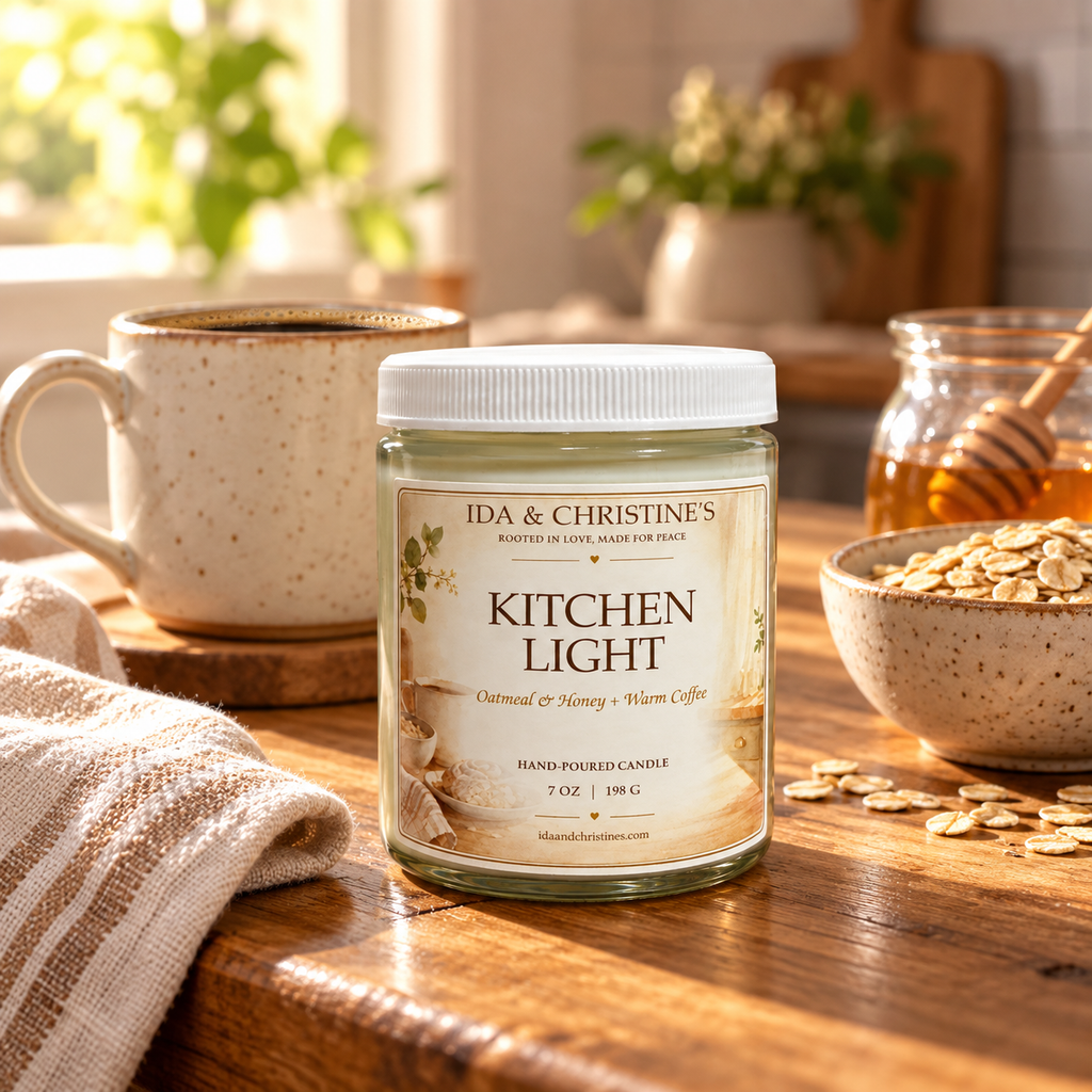 Kitchen Light 7 oz candle on a warm breakfast table with coffee, oats and honey