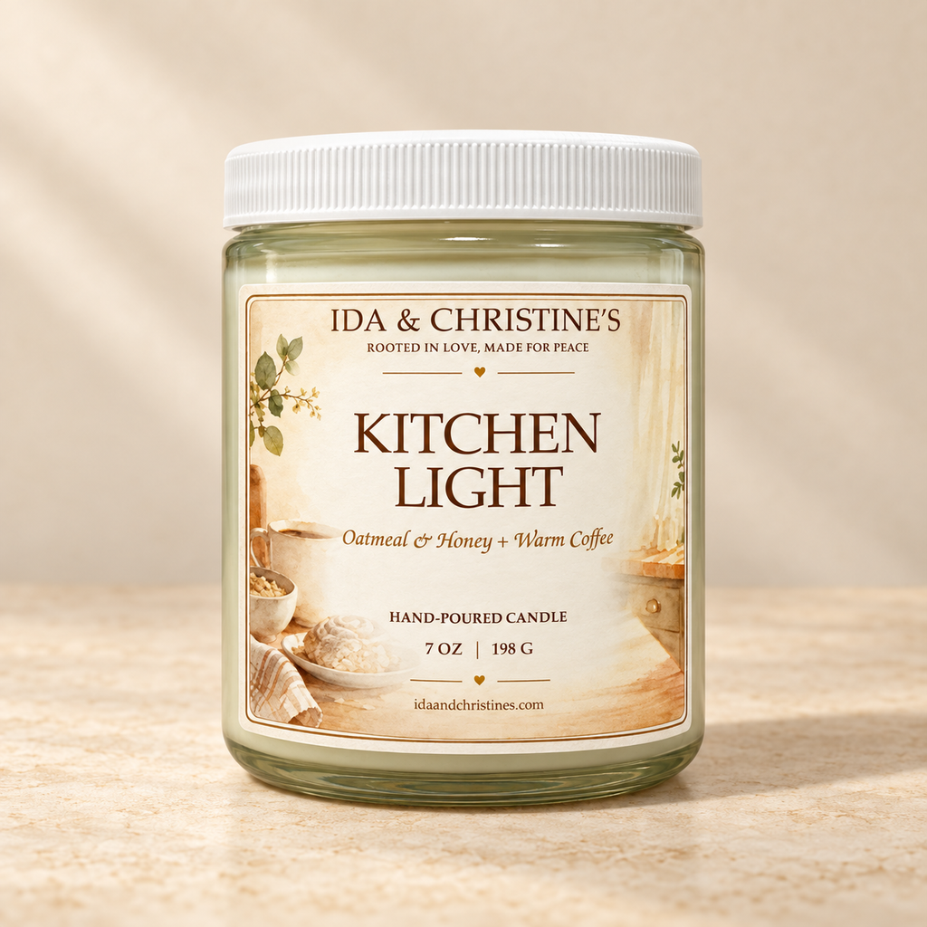 Kitchen Light 7 oz candle with Oatmeal and Honey plus Warm Coffee label