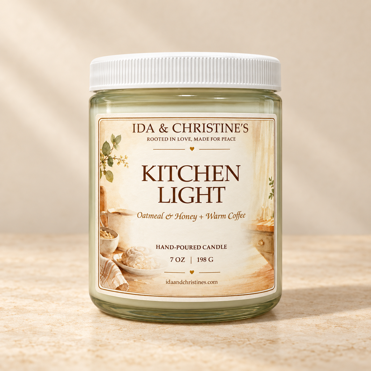 Kitchen Light 7 oz candle with Oatmeal and Honey plus Warm Coffee label