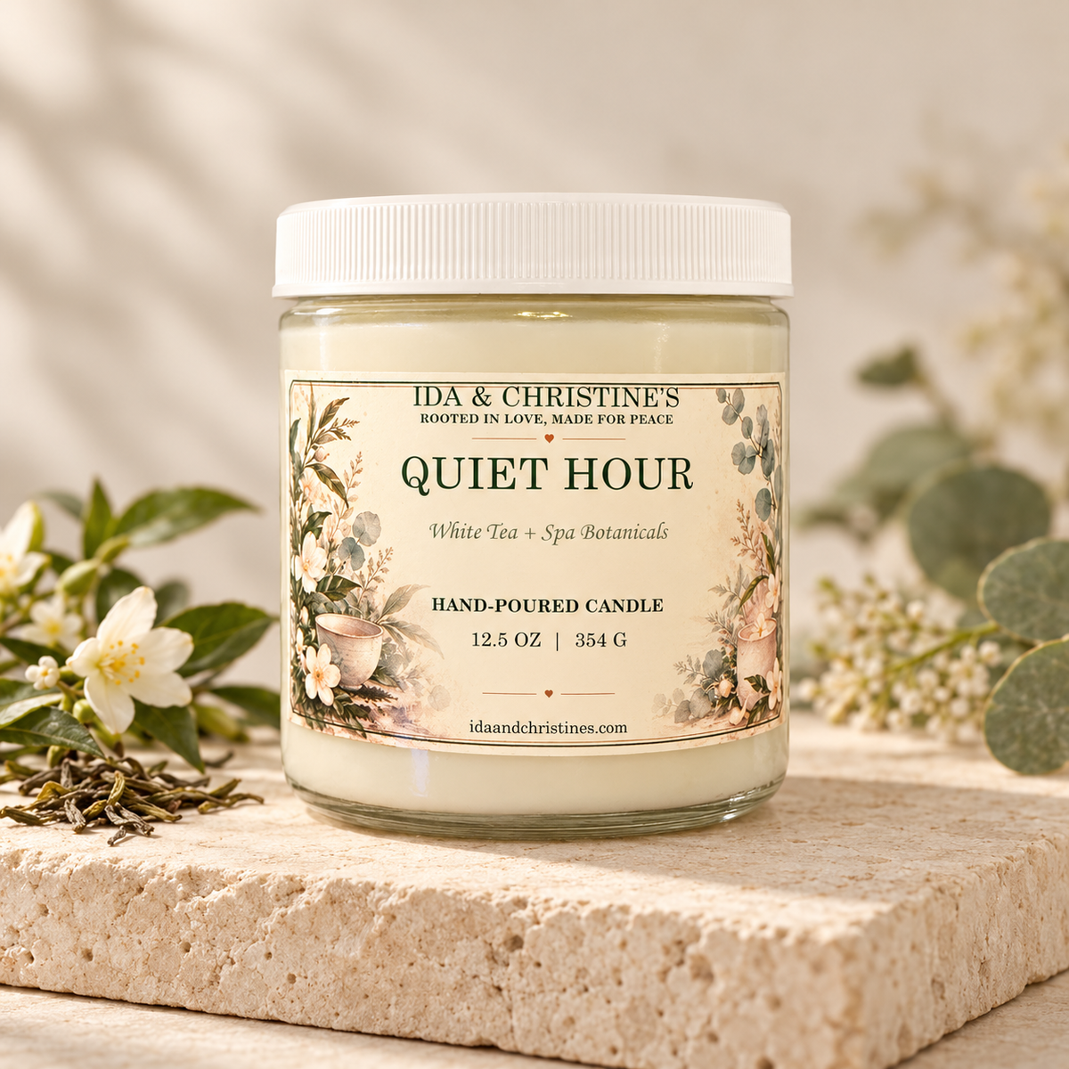 Quiet Hour 12.5 oz hand-poured candle with White Tea and Spa Botanicals fragrance
